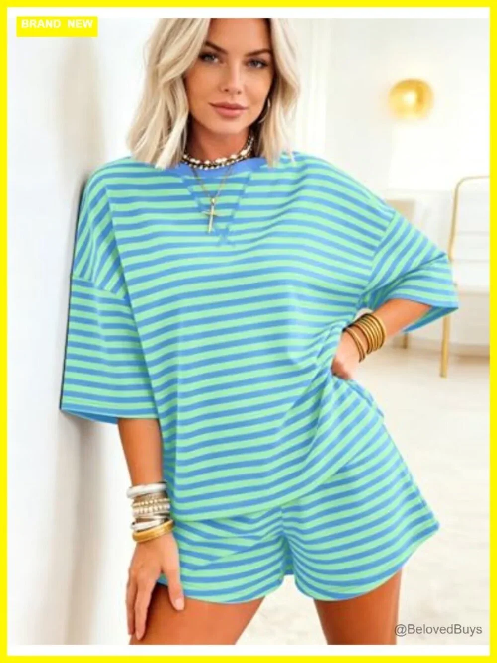 Striped Oversized Lounge Set with Shorts - 2 Piece Pajama Set